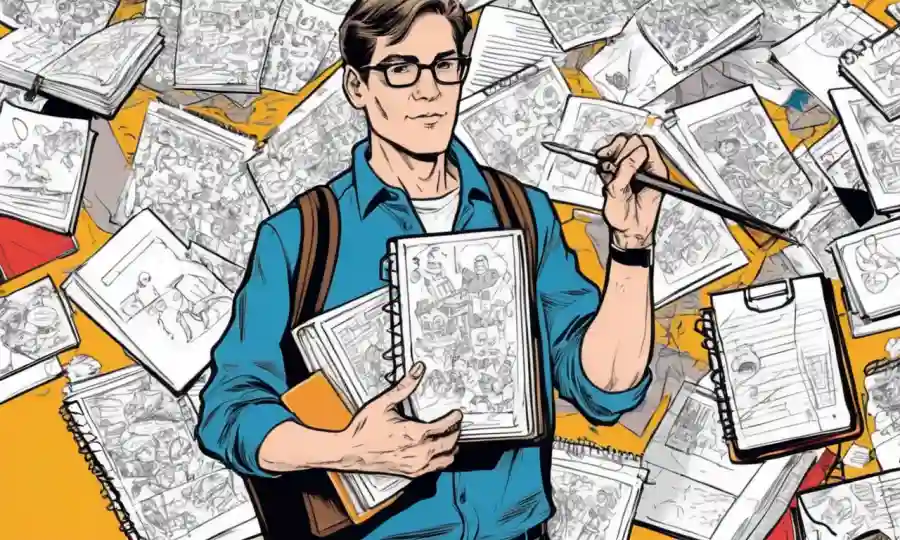 Una persona que tiene revistas y bolígrafos de tamaño múltiple, rodeado de garabatos y notas.