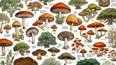 Ilustraciones de varias especies de hongos junto con árboles filogenéticos y tablas de clasificación.