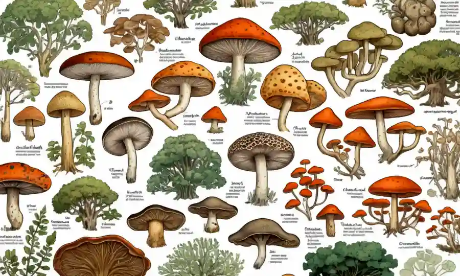 Ilustraciones de varias especies de hongos junto con árboles filogenéticos y tablas de clasificación.