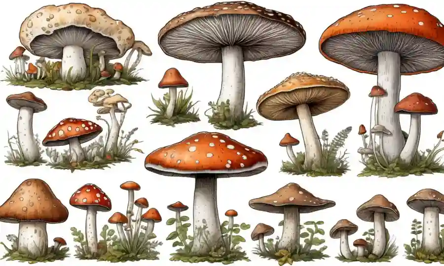Ilustraciones de diversos hongos y hongos con diagramas destacando diferencias entre especies.