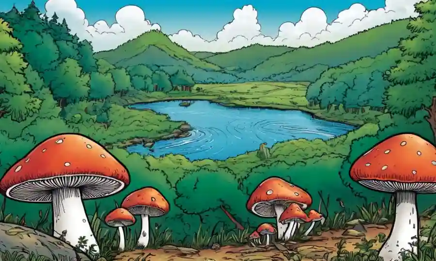 Setas creciendo en medio del paisaje natural, destacando la función ecológica en la conservación ambiental. (Nota: Asumo que el título es sobre hongos y su papel en el medio ambiente, ya que las setas típicamente se refieren a hongos en muchos idiomas.)