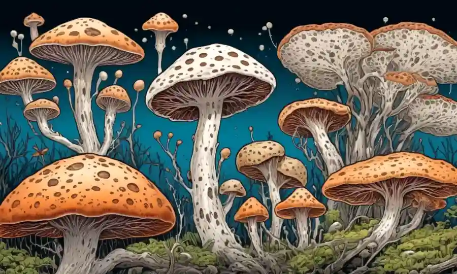 Imágenes microscópicas que comparan esporas fúngicas y estructuras de micelio.