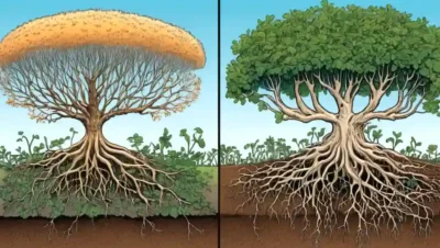 Una imagen dividida que compara las estructuras de crecimiento de plantas con y sin asociaciones de hongos micorrirísicos.