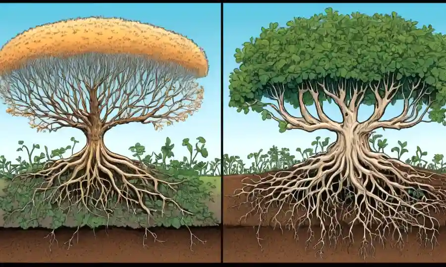 Una imagen dividida que compara las estructuras de crecimiento de plantas con y sin asociaciones de hongos micorrirísicos.