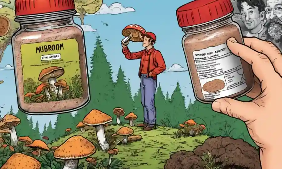 Persona sosteniendo un frasco de polvo de hongos con ilustraciones que lo comparan con un extracto en un gráfico.