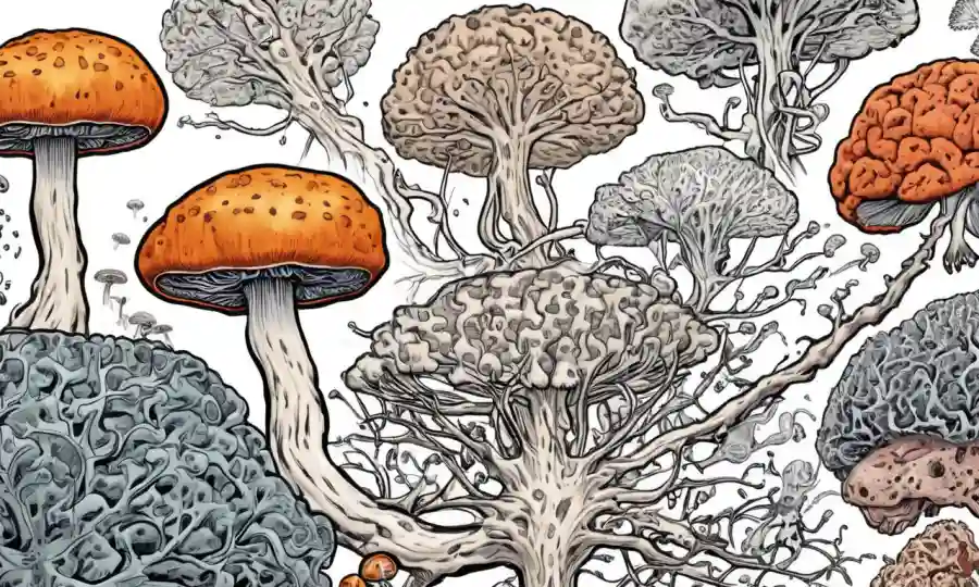 Una muestra de hongos junto a escáneres cerebrales o ilustraciones de neuronas, insinuando efectos psicoactivos.