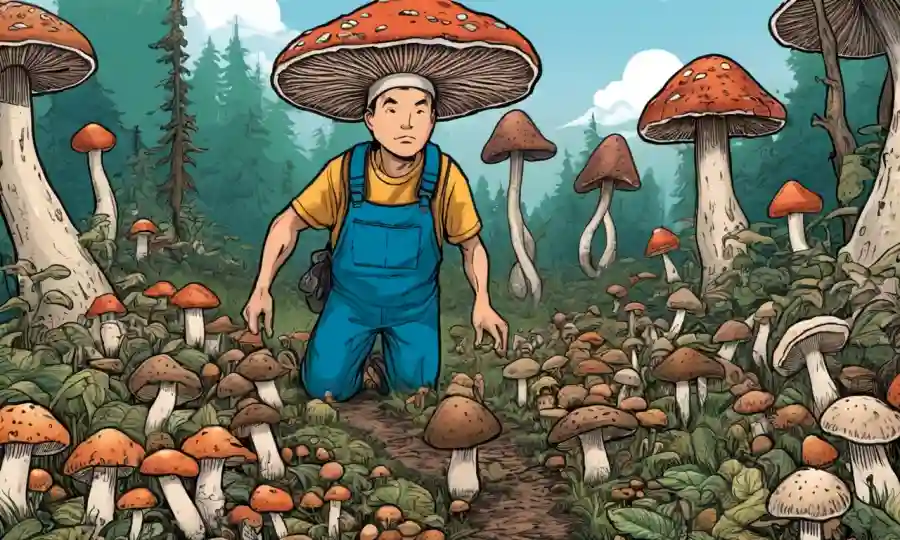 Un entusiasta de hongos de pie en medio de varias especies de shiitake, etiqueta de advertencia en el fondo.
