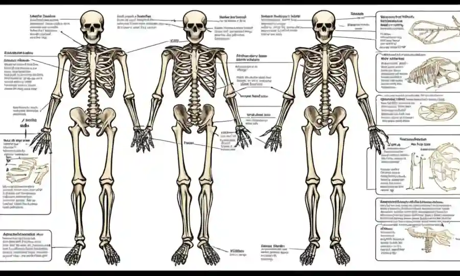 Diagrama científico que muestra estructuras esqueléticas con etiquetas y flechas.