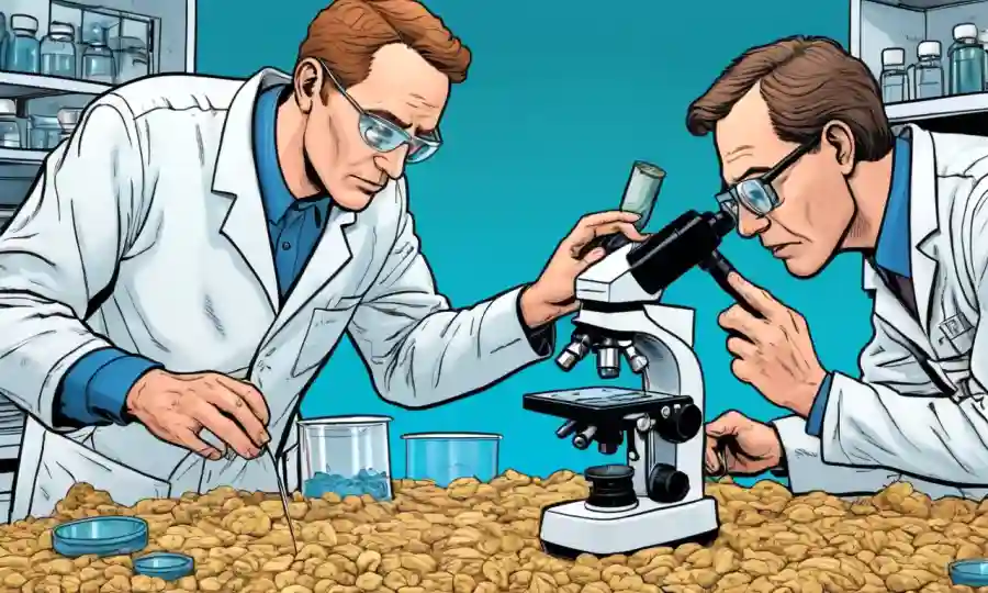 Científicos agrícolas que examinan las estructuras de esclerocele seco y fresco bajo un microscopio.
