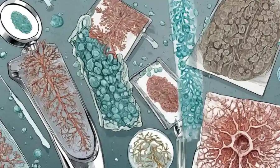 Científicos que examinan las diapositivas del microscopio mostrando comparaciones entre formaciones de esclerosis seca y fresca.