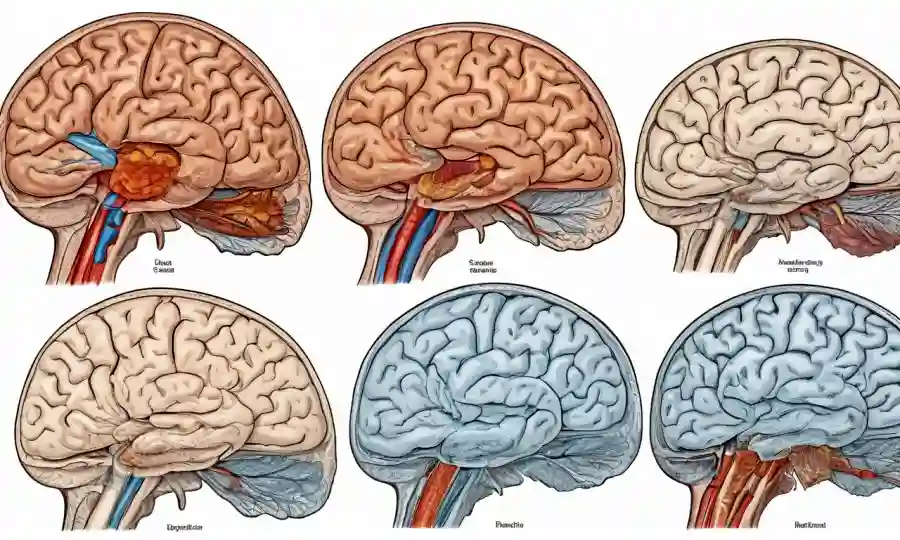 Ilustración médica que muestra diferentes etapas del desarrollo de la esclerosis cerebral.