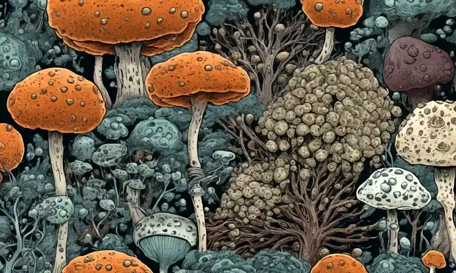 Un microscopio se acerca a varias esporas fúngicas para una comparación detallada.