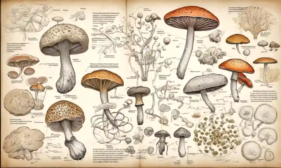 Ilustración científica de especies de hongos en un fondo de texto y diagramas médicos.