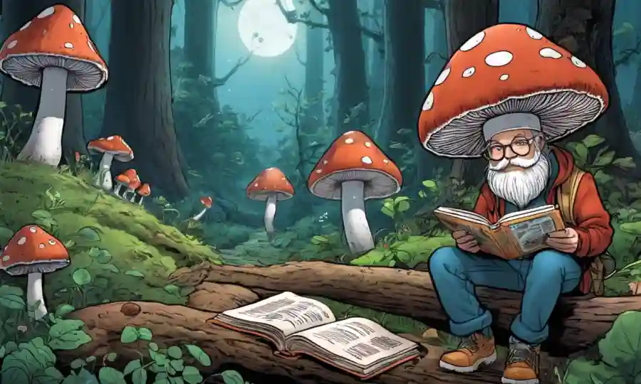 Un entusiasta de hongos leyendo libros o notas en un ambiente de hongos.