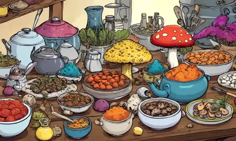 Una colección de setas coloridas exhibidas en una mesa, rodeada de diversos utensilios de cocina e ingredientes.