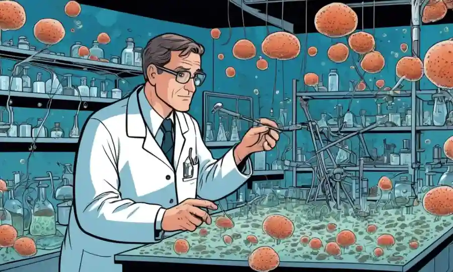 Un científico en un laboratorio que trabaja con culturas y equipos fungosos, rodeado de diagramas de células hongos.