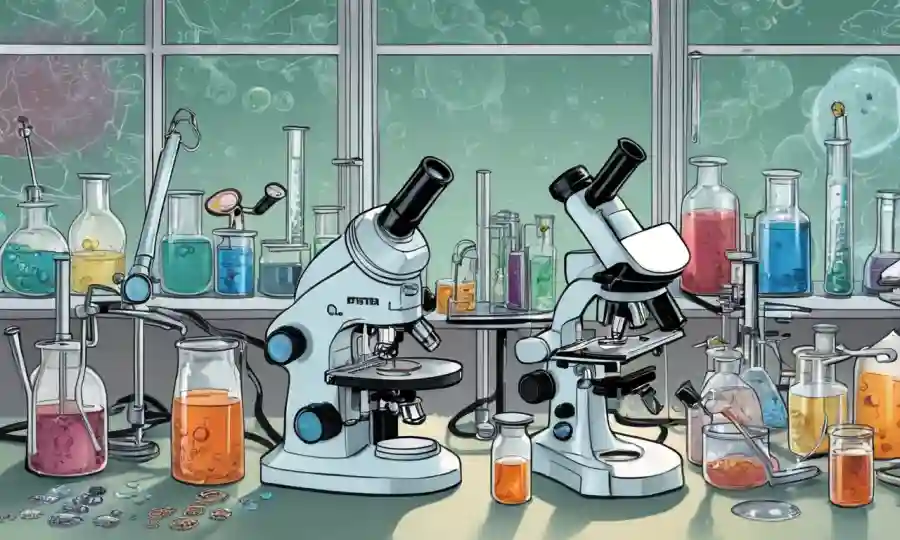 Equipos de laboratorio y diversos platos petri o microscopios que rodean diagramas que comparan la biotecnología clásica y la biotecnología fúngica.