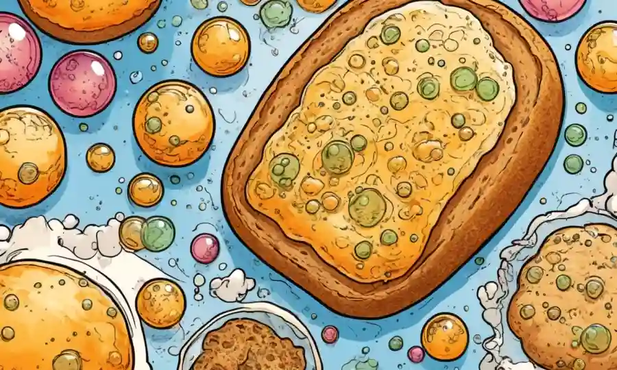 Bubbles formando sobre la masa de pan entre ilustraciones que comparan procesos de fermentación naturales y forzados.