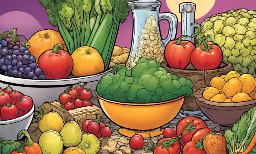 Foto de varios alimentos (frutas, verduras) con pasos de proceso de fermentación en el fondo.