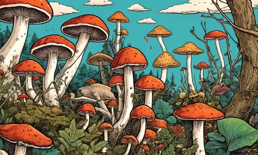 Cierre de hongos beneficiosos con flechas destacando sus roles rodeados de ilustraciones de otros hongos.