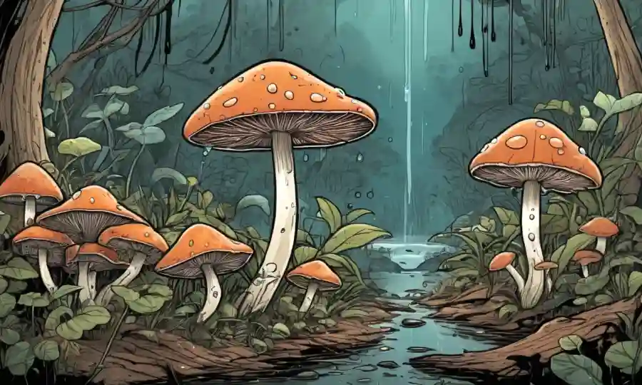 Fungi creciendo en la naturaleza con tonos terrenales y gotitas de agua, destacando su importancia ecológica.