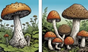 Una imagen dividida que compara la apariencia y las características de los champiñones Shaggy Ink Cap (Shitaque) y Portobello.