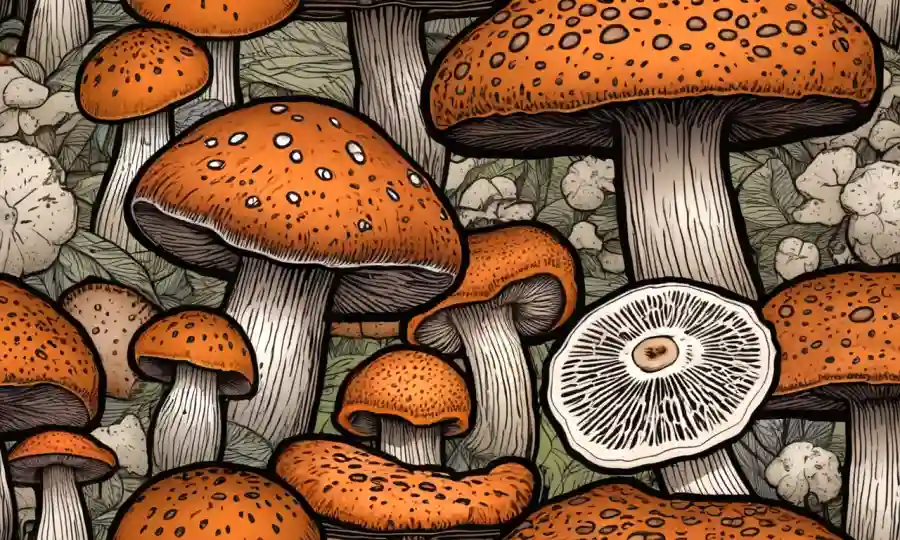 Macro fotos de champiñones Shiitake y Portobello destacando sus diferentes formas de capucha y colores.