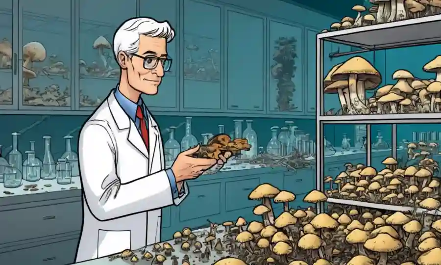 Un científico que compara las características de las setas silvestres con las cultivadas en un entorno de laboratorio.