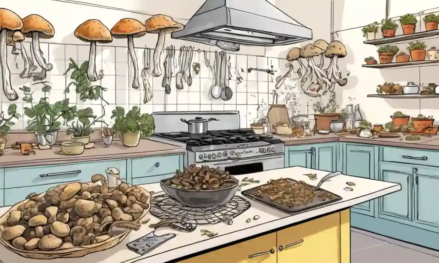 Ilustraciones de hongos silvestres vs cultivados en un ambiente de cocina con notas de receta.