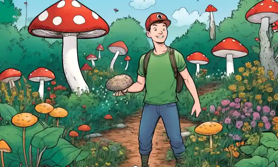 Persona que sostiene un hongo en un fondo de jardín, rodeado de flechas e ilustraciones.