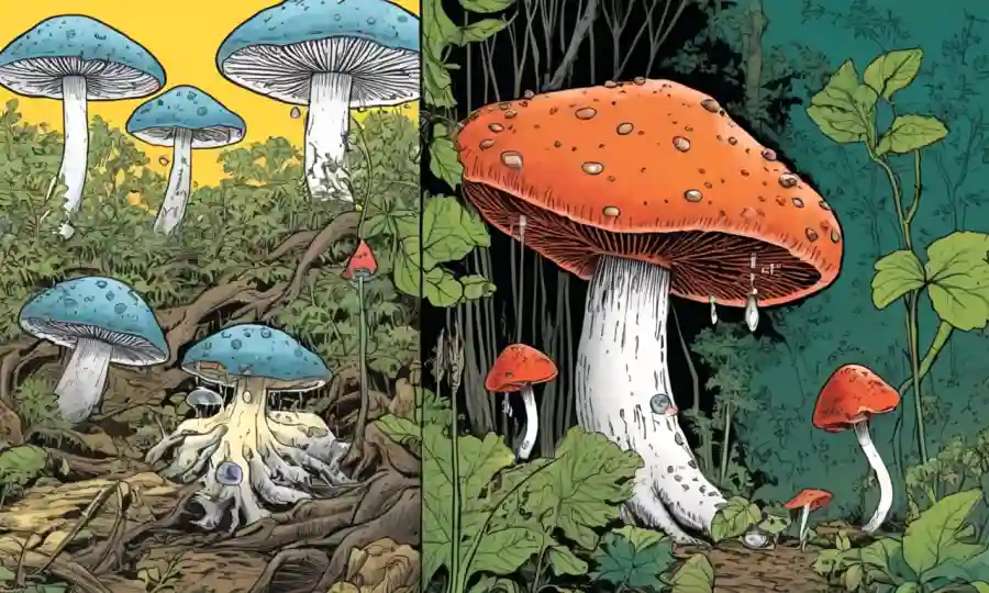 Una imagen de pantalla dividida que compara hongos venenosos con los comestibles