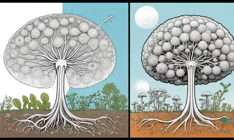 Hifa fúngica representada junto a diagramas que ilustran diferencias entre formas de micelio vegetativas y afrutadas.