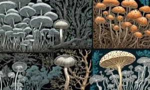 Vistas microscópicas de estructuras fúngicas en diferentes etapas de crecimiento
