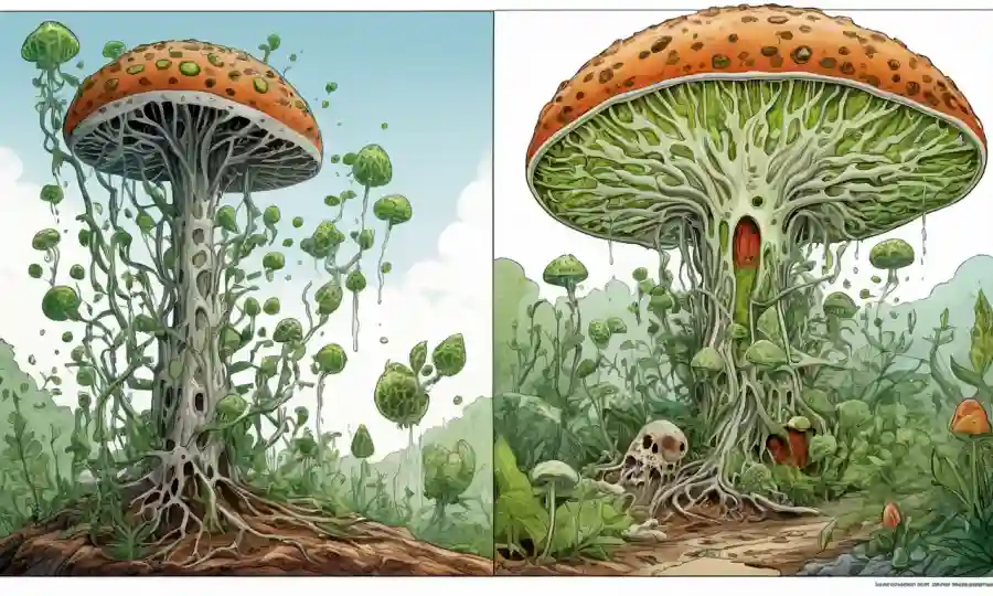 Ilustración comparando estructuras de asociaciones fúngicas externas (ecto) y internas (endo) con plantas.