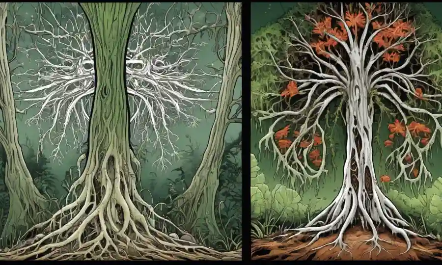 Una ilustración que compara las estructuras fúngicas dentro (endo-) vs afuera (ecto-) raíces vegetales.