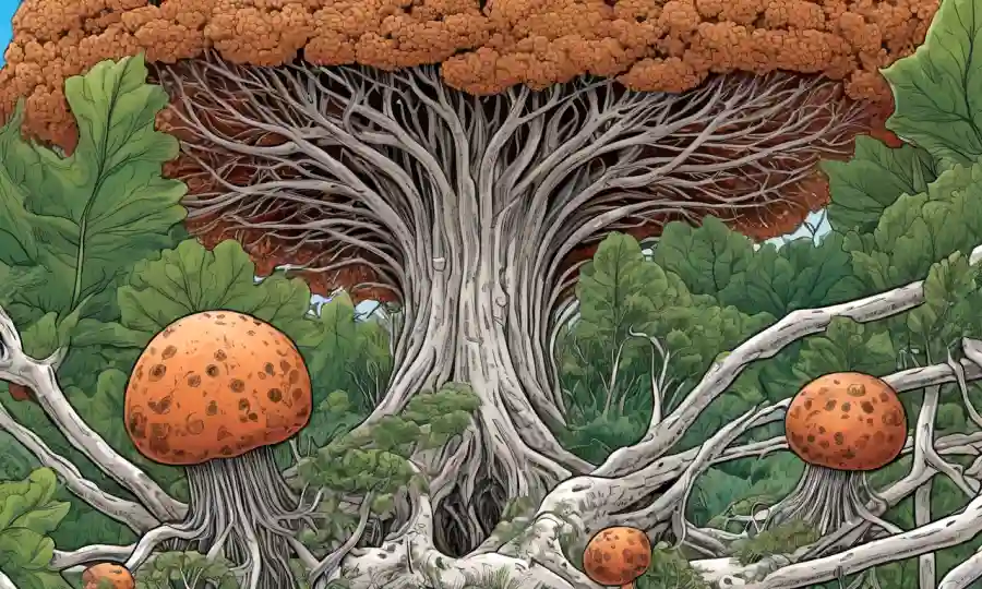 Ilustración que compara las estructuras de hongos ectomycorrhizal y endomycorrhizal que rodean una planta.
