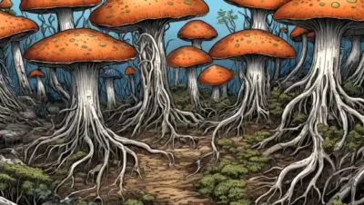 Estructuras parecidas a los hongos (ectomycorrhizal) y raíces finas (endomycorrhizal) entrelazadas con sistemas de raíces vegetales.