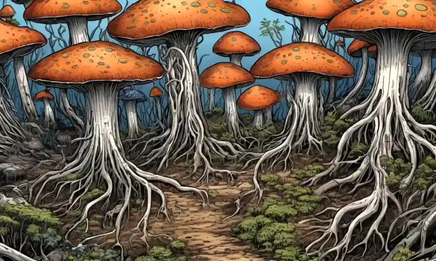 Estructuras parecidas a los hongos (ectomycorrhizal) y raíces finas (endomycorrhizal) entrelazadas con sistemas de raíces vegetales.