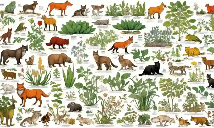 Collage of common names of plants and animals in various languages along their scientific classifieds.