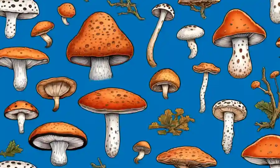 Una ilustración científica de varias especies de hongos en un fondo azul.