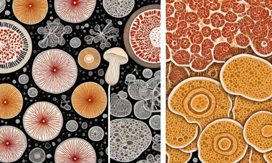 Diferencias morfológicas entre hongos y células de levadura bajo microscopio.