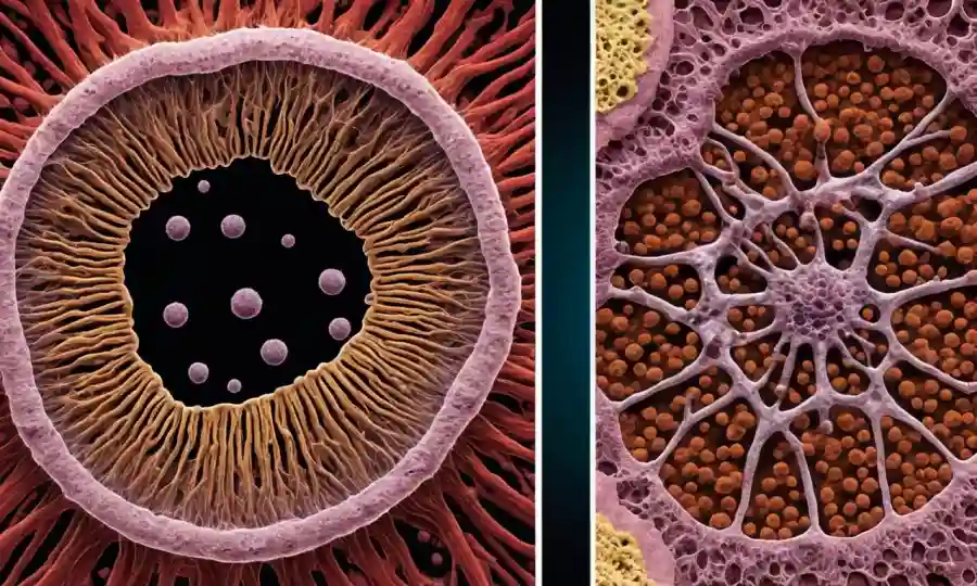 Una imagen microscópica de células fúngicas con y sin formaciones del septo.