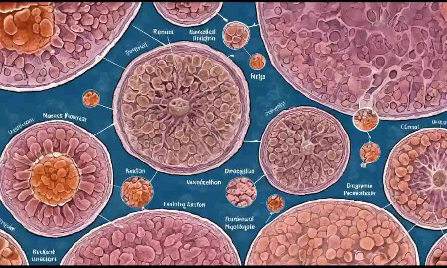 Células bajo microscopio con etiquetas y diagramas de septo fúngico.