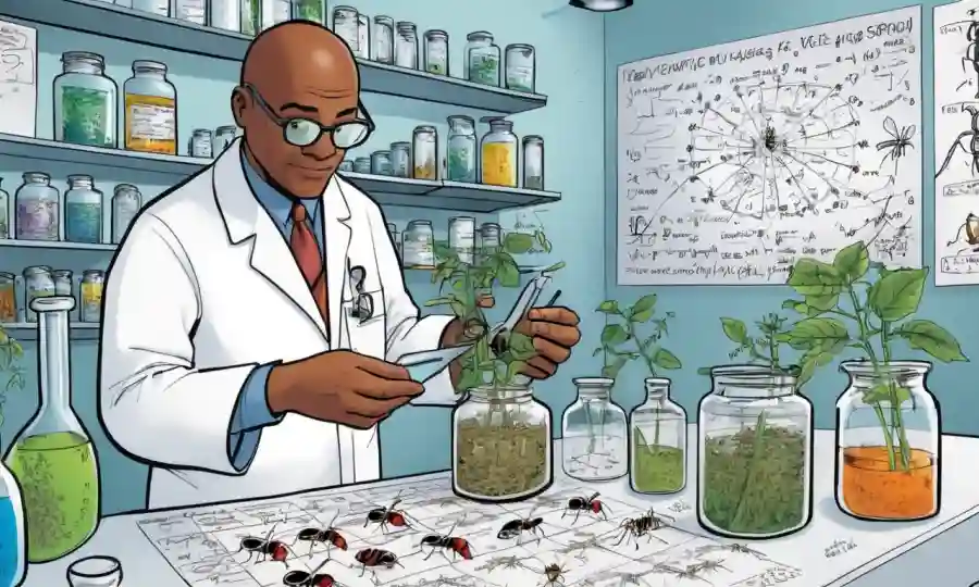 Científico examinando insectos beneficiosos en un entorno de laboratorio rodeado de ecuaciones.