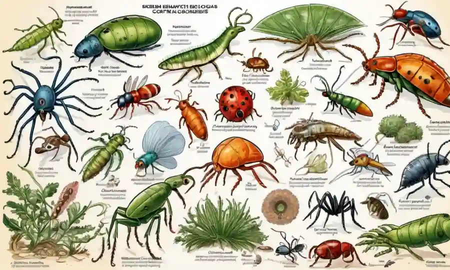 Un diagrama que muestra varios tipos de organismos de control biológico clasificados en categorías.