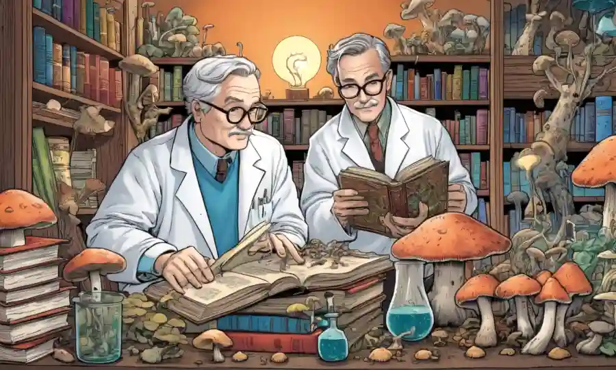 Científicos en un laboratorio que estudian hongos, rodeados de setas y libros.