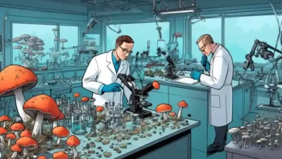 Científicos que examinan hongos en un laboratorio