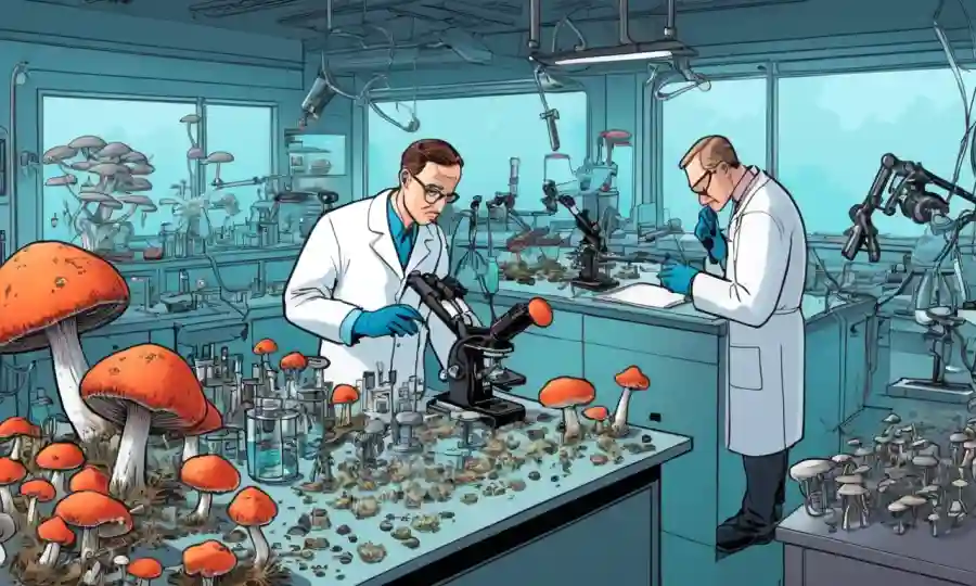 Científicos que examinan hongos en un laboratorio
