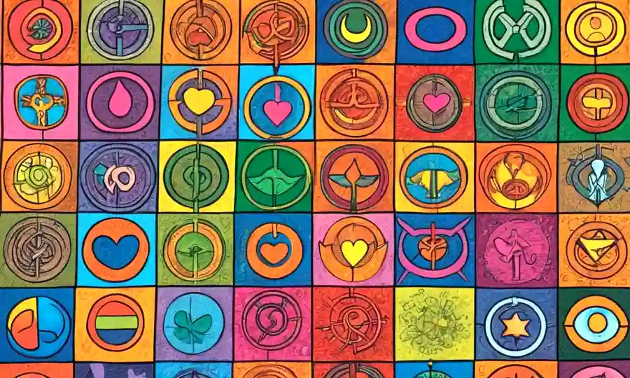 Una diversidad de símbolos de género entrelazados en varios colores que representan relaciones evolutivas y simbiosis.