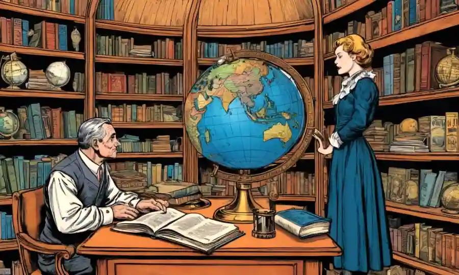 Ilustraciones históricas de figuras humanas de diferentes épocas que rodean un globo y estanterías.